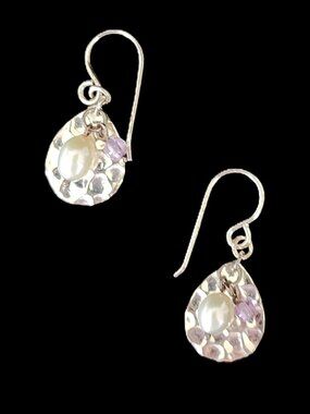 Vintage 2000s Hammered Sterling Silver Teardrop Earrings Pearl & Amethyst